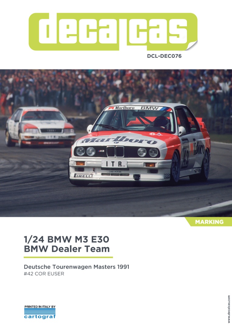 DCL-DEC076: Marking / livery for 1/24 scale models: BMW M3 E30 Team BMW Dealer sponsored by Marlboro Carly Motors -  1991