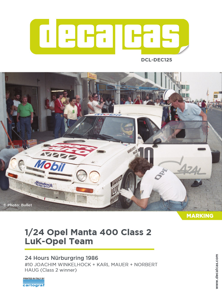 DCL-DEC125: Marking / livery for 1/24 scale models: Opel Manta 400 Team LuK-Opel sponsored by Cazal Eyewear -  1986