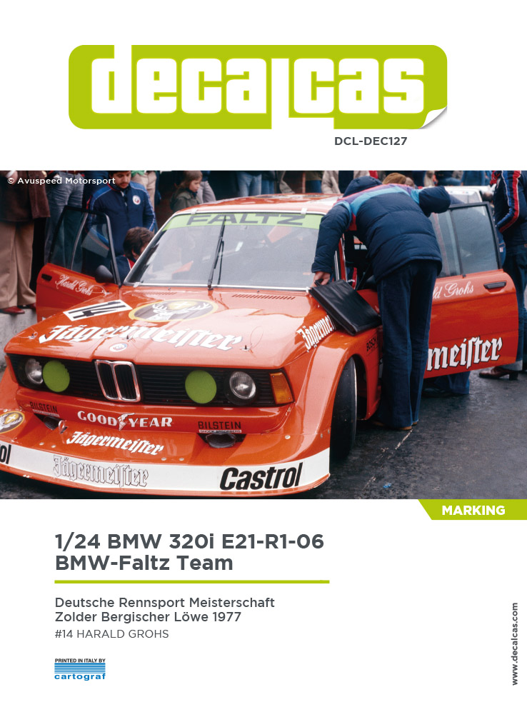 DCL-DEC127: Marking / livery for 1/24 scale models: BMW 320i E21-R1-06 Team BMW-Faltz sponsored by J�germeister -  1977