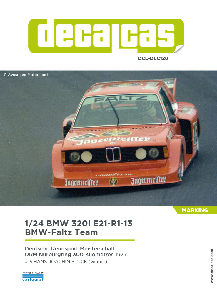 DCL-DEC128: Marking / livery for 1/24 scale models: BMW 320i E21-R1-13 Team BMW-Faltz sponsored by J�germeister -  1977